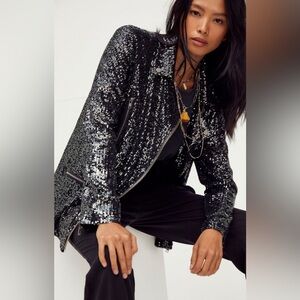 FREE PEOPLE We The People Midnight Message Moto Sequin Jacket Size M NWOT